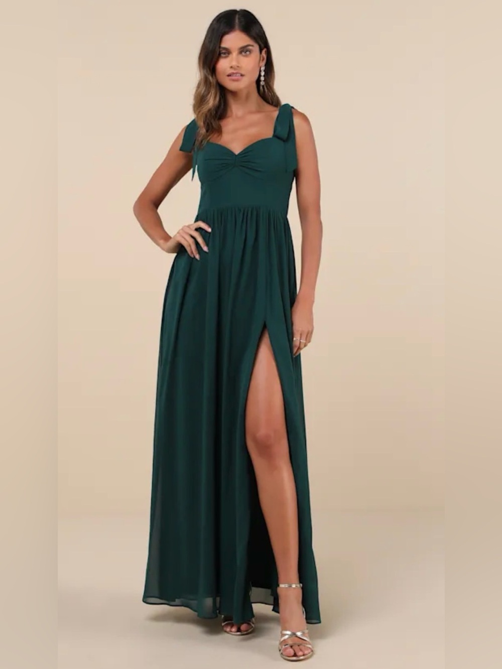 Lulu's Radiant Charisma Emerald Chiffon Ruched Tie-Strap Maxi Dress - NWT - XS